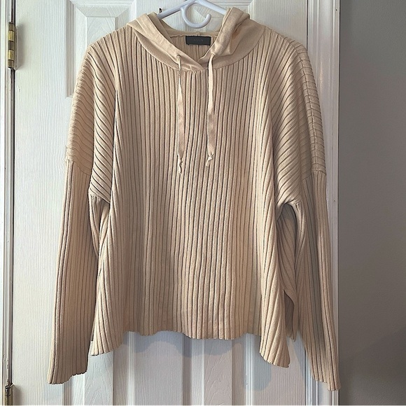 Aqua Tops - Aqua Women's XXXL Ribbed Knit Hooded Sweater Pullover‎ Beige Drop Shoulder Loose